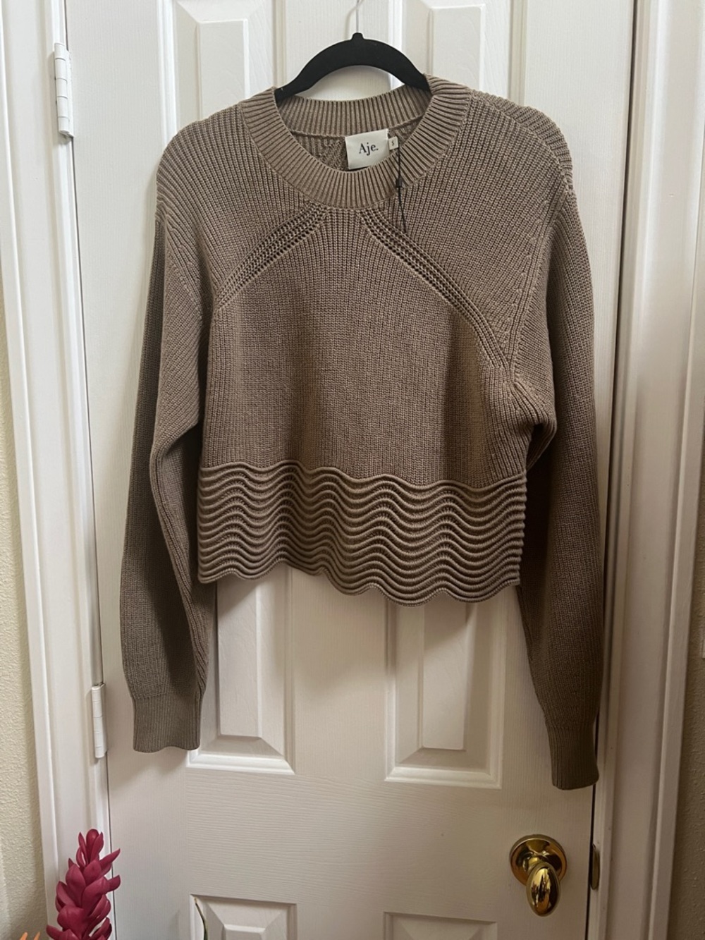 NWT Aje Women's Brown Crew Neck Sweater cotton blend small cropped